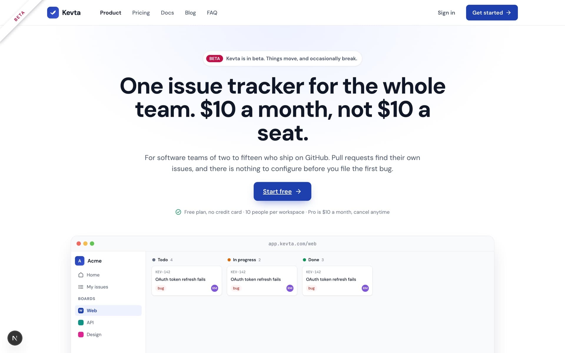 Kevta landing page — one issue tracker for the whole team, with a board preview