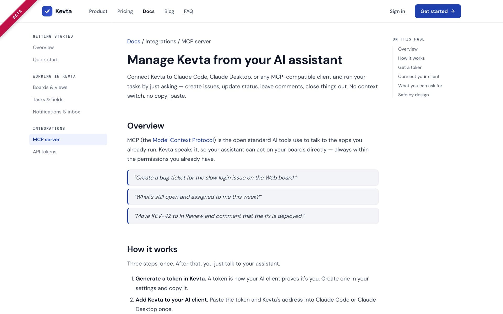 Kevta documentation page explaining how to manage Kevta from an AI assistant over MCP