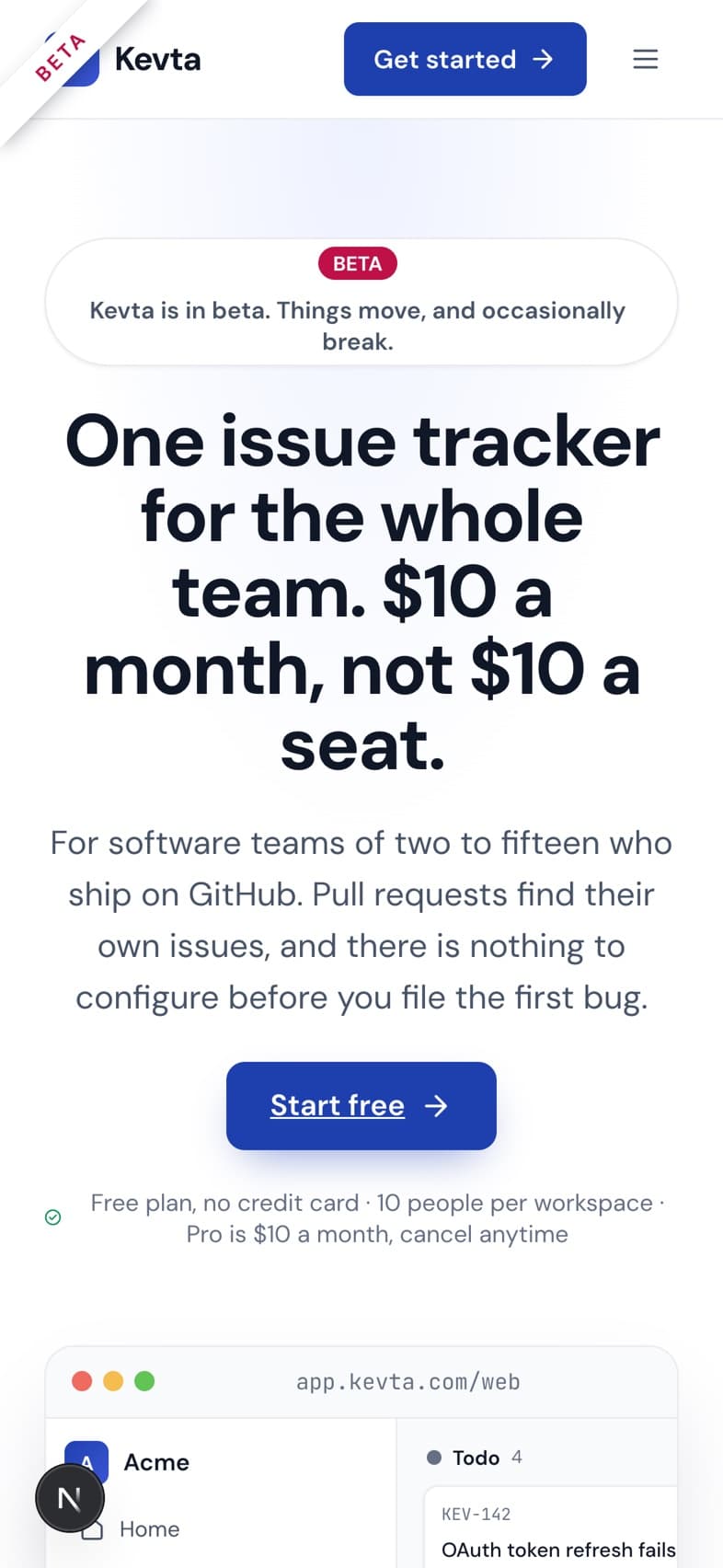 Kevta landing page on a phone-sized viewport